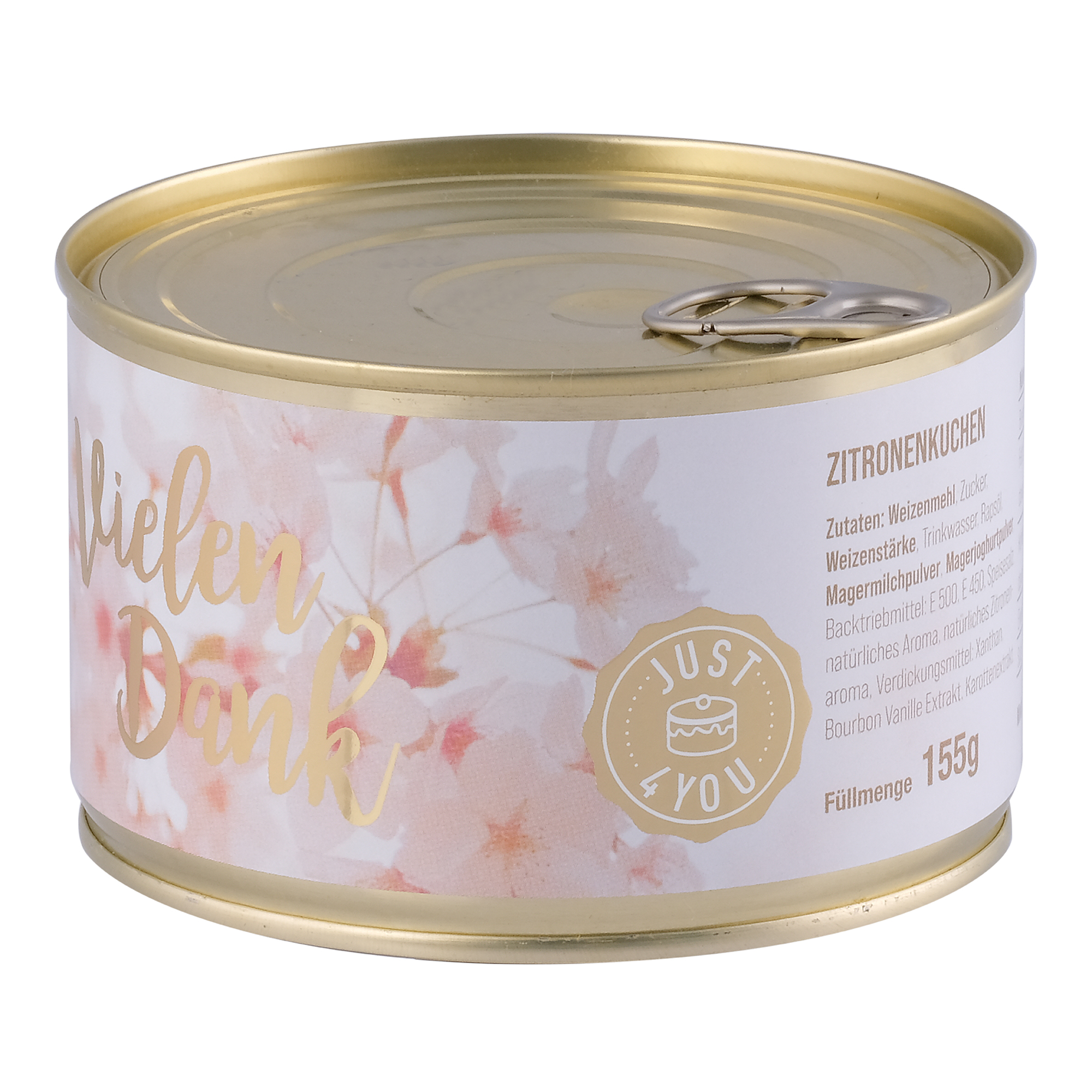Dosenkuchen-Zitrone, „Vielen Dank“ und Blütenmotiv