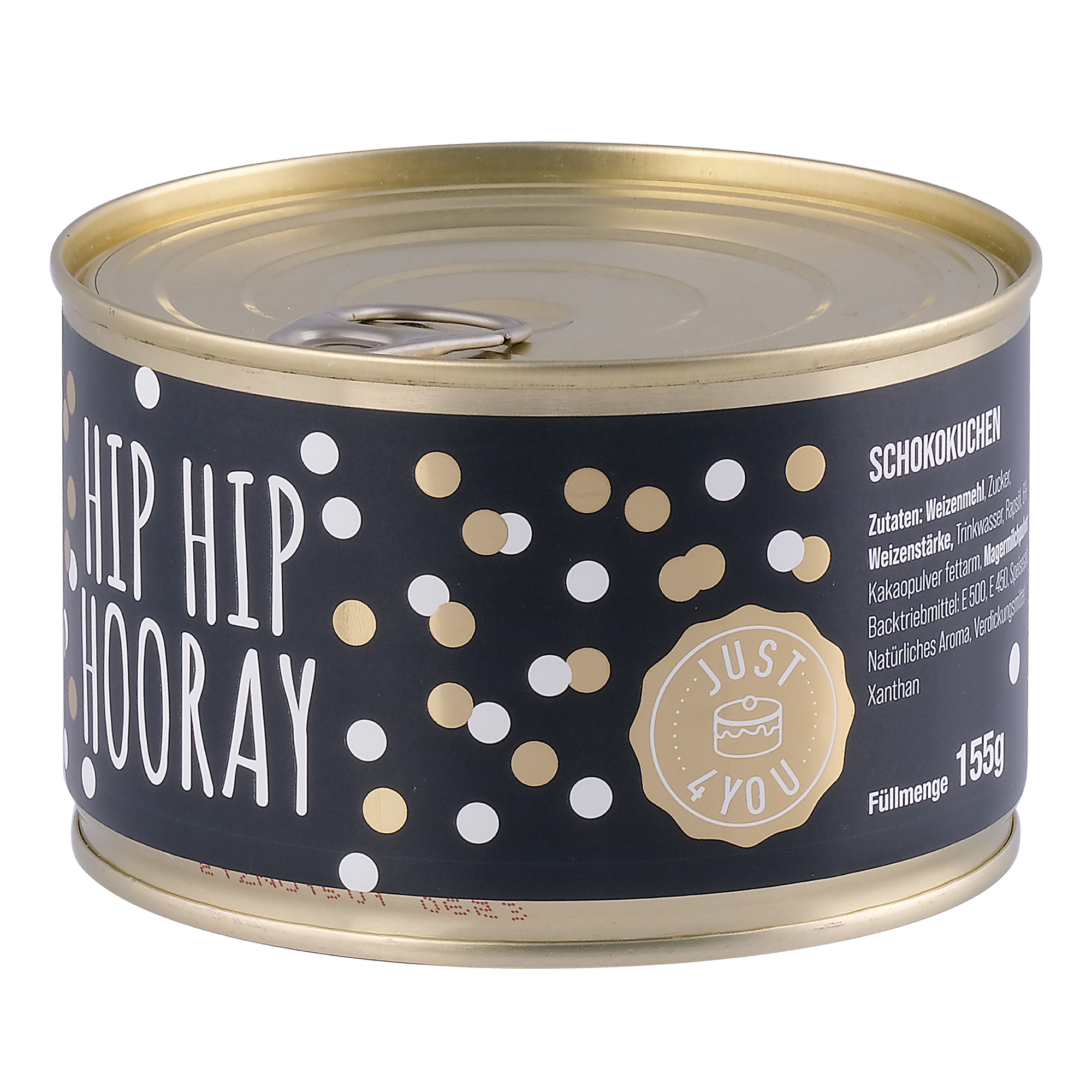 Dosenkuchen–Schoko, „Hip Hip Hooray“ und Konfettimotiv