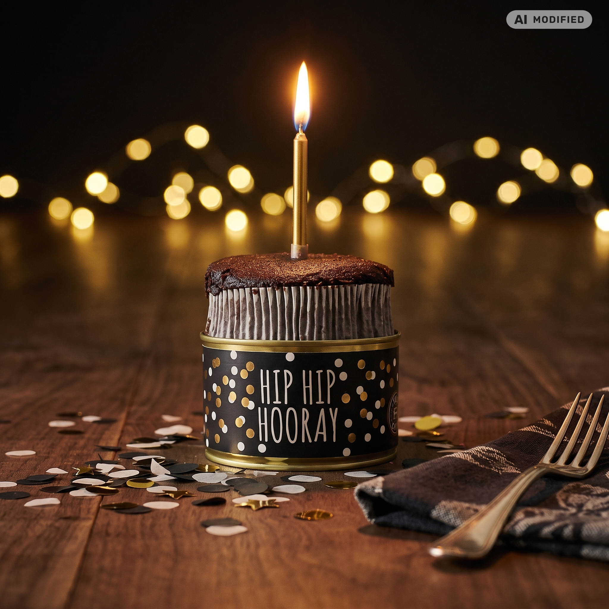Dosenkuchen–Schoko, „Hip Hip Hooray“ und Konfettimotiv
